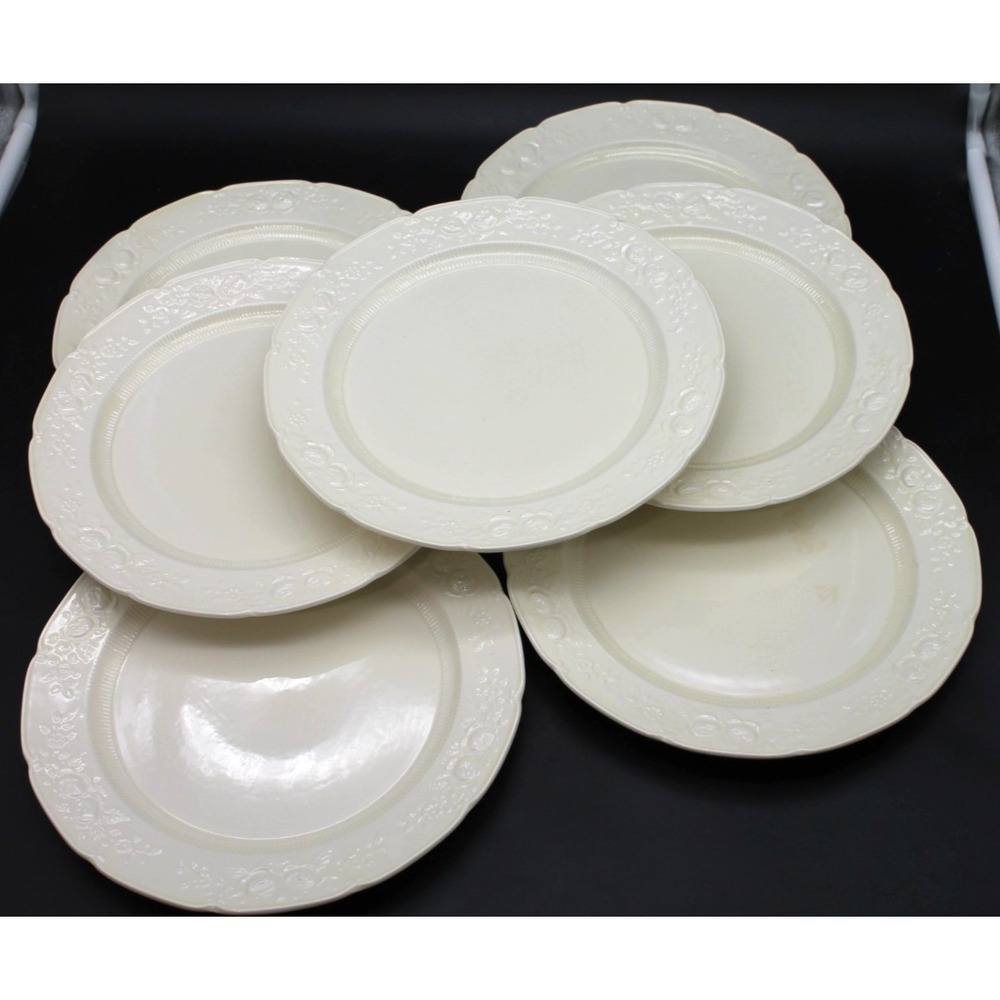 Vintage Embossed White Salad Luncheon Plates Set of 7 Floral Scroll Rim 9"